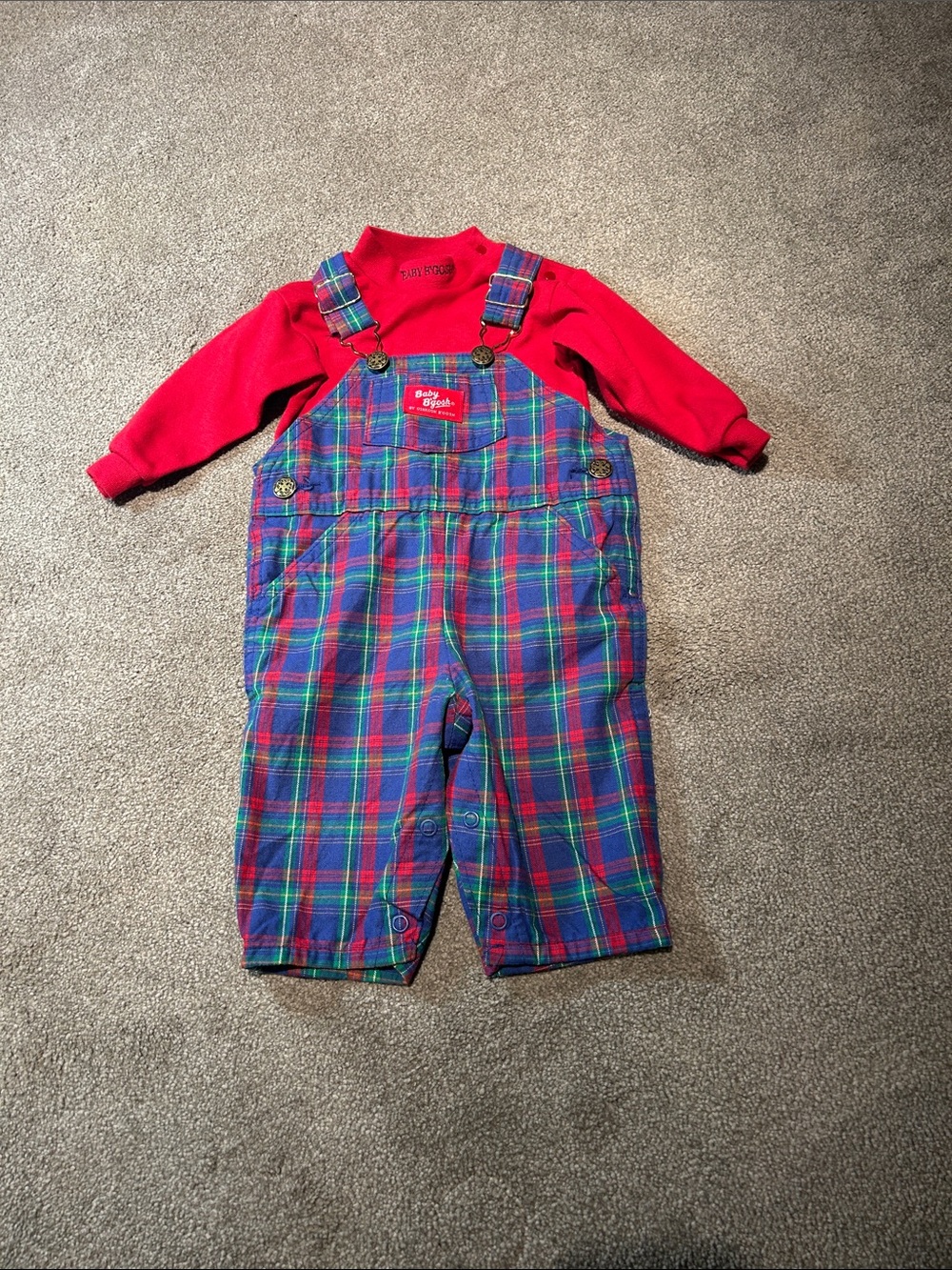 Vintage Baby b’gosh Red Top with Plaid Overalls - Two-Piece Set